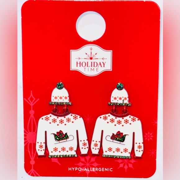 Holiday Time Jewelry - Holiday Time Sweater & Beanie Earrings with Red and Green Crystals NWT